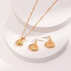 NEW Seashell Sterling Silver Necklace Earrings Jewelry Set Real 18k Gold Plated